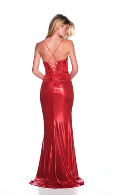 A woman faces away from the camera in a shiny red Dave & Johnny 12240 corset prom dress with lace-up back, set against a white background.
