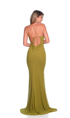 A woman stands facing away against a white background, wearing the Dave and Johnny 12245 long prom dress—an olive green, fitted jersey gown with thin straps, an open back, and floor-length design.