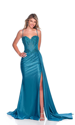 A woman models the Dave & Johnny 12247 long teal prom dress with a sweetheart neckline, embellished corset bodice, spaghetti straps, and thigh-high slit against a white background.