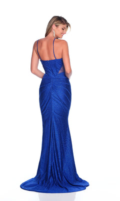 A woman models the Dave & Johnny 12252 Royal Blue Glitter Prom Dress, a fitted, floor-length gown with thin straps and sparkling glitter jersey fabric, shown from the back against a white background.
