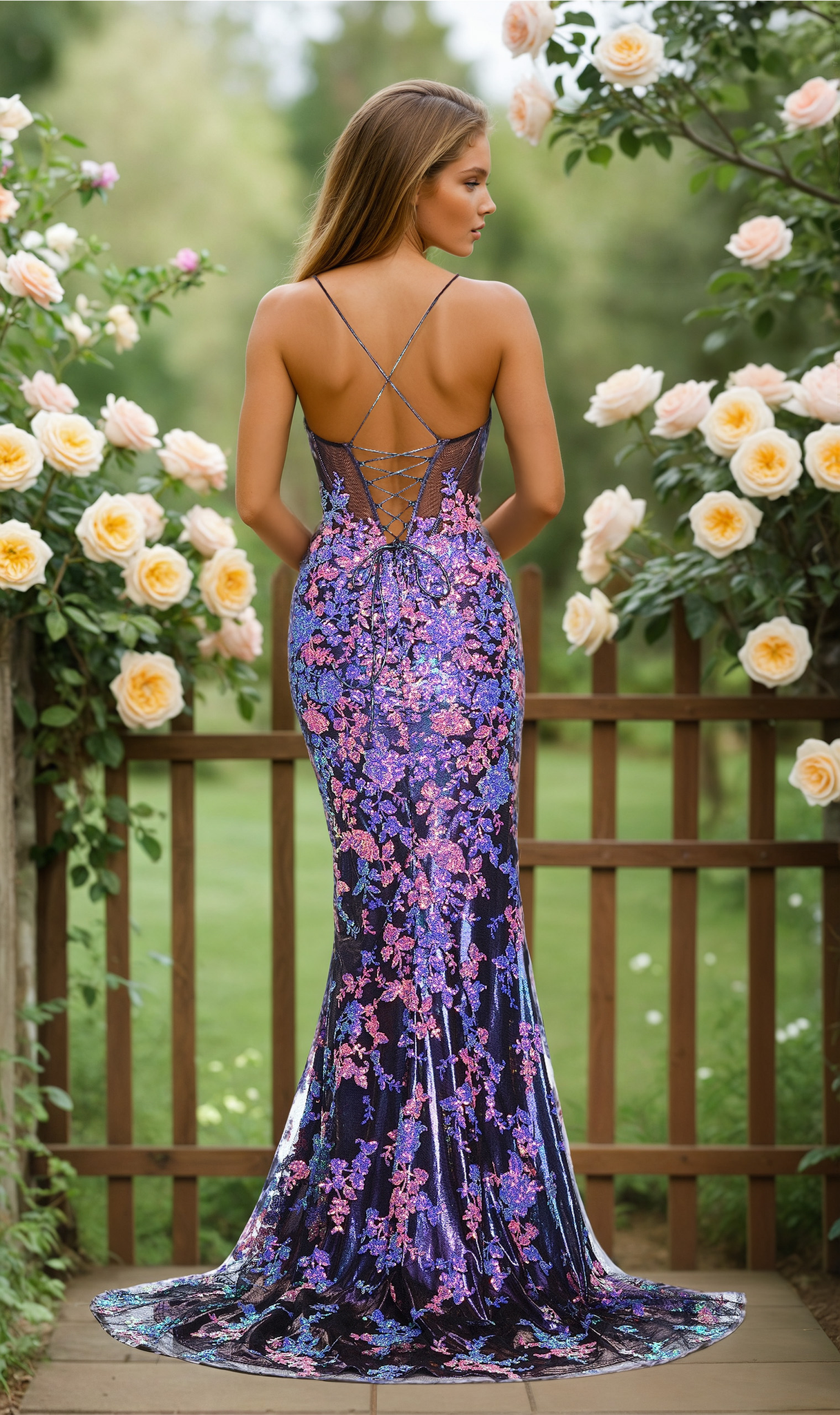 A woman stands outdoors in front of a wooden gate and roses, wearing the Long Prom Dress: Dave & Johnny 12278—a floor-length purple sequin gown with a corset bodice and lace-up open back.