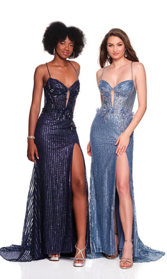 Two women wear the Dave & Johnny 12281 long prom dress—floor-length, sequin gowns with thigh-high slits in dark blue and light blue, each sparkling with beading and a figure-flattering corset bodice.