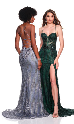 Sheer-Corset Long Beaded Prom Dress with Lace-Up Back Silver Grey / 00