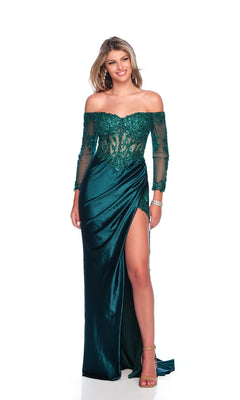 A woman wearing the Dave & Johnny 12288 dark green prom dress, featuring off-the-shoulder sheer lace sleeves, sequin embroidery, and a high slit, stands smiling against a white background.