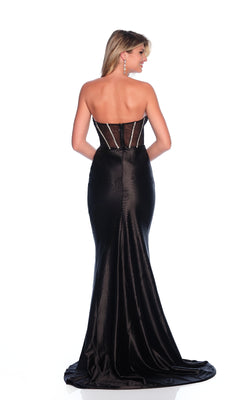 A woman models the Corset Black Prom Dress: Dave & Johnny 12310, featuring a strapless, fitted bodice with a sheer corset and slightly flared skirt, shown from the back against a white background.