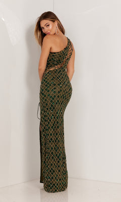 A woman models the Aleta Long Formal Prom Dress 1233, a fitted one-shoulder gown with a green and gold pattern and lace-up side slit, posing with her back to the camera against a plain white background.