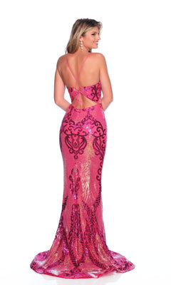 A woman faces away, wearing the Dave & Johnny 12343 fuchsia pink prom dress featuring floor-length sequins, black detailing, a lace-up open back, and crisscross straps against a white background.