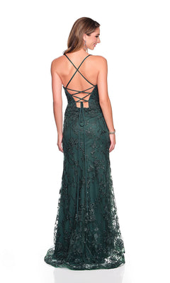 A woman stands with her back to the camera, wearing the Dave and Johnny 12409 long prom dress in emerald green, featuring sequin detailing and a lace-up back, against a white background.