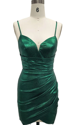A sleeveless mannequin showcases the Ruched Green Short Hoco Dress: 12441, a metallic green mini dress featuring thin spaghetti straps and a sweetheart neckline—ideal as an emerald green homecoming dress.