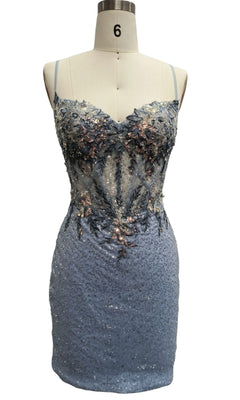 The Short Blue Homecoming Dress: 12442 features sequin embellishments and floral embroidery, shown on a dress form labeled with the number 6.