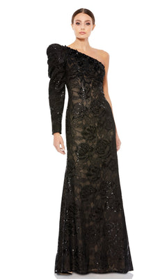 A woman stands against a white background wearing the Long Formal Dress 12444 by Mac Duggal, a black one-shoulder gown featuring floral lace detailing and sparkling sequin embellishments.