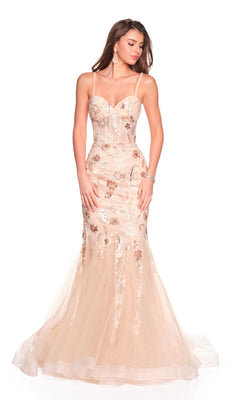 A woman models the Long Prom Dress: Dave and Johnny 12469, a fitted mermaid design with a corset bodice, floral embroidery, and sheer tulle overlay, standing against a plain white background.