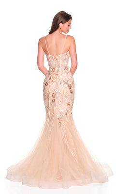 A woman models the Dave and Johnny 12469 long prom dress, a fitted, blush mermaid gown with lace details, corset bodice, and thin straps, shown from the back against a white background.