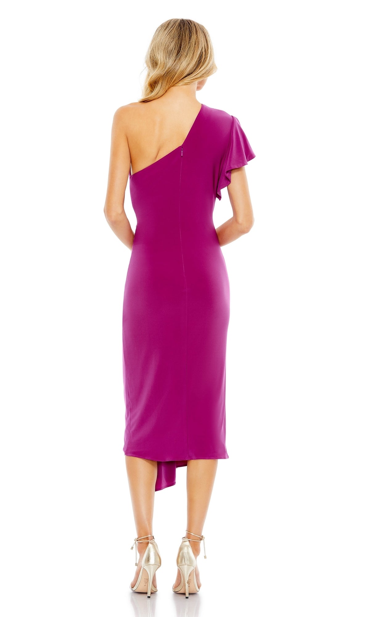 A woman faces away, wearing a magenta One-Shoulder Knot-Waist Midi Party Dress 12480 and metallic high-heeled sandals against a white background.