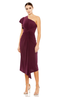 Woman in a sleeveless Mac Duggal One-Shoulder Knot-Waist Midi Party Dress 12480 in burgundy with gathered details and silver heels, standing against a white background.