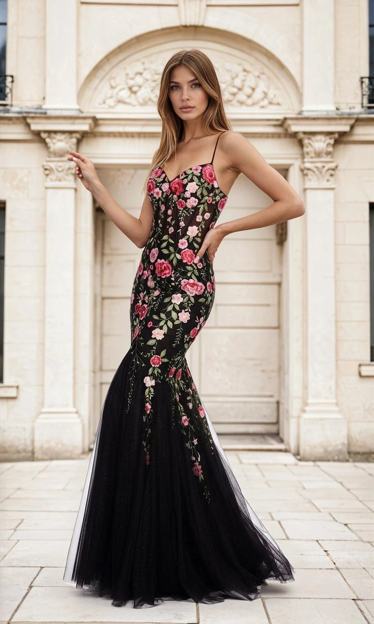 Embroidered Floral-Print Black Long Mermaid Prom Dress Black / 2