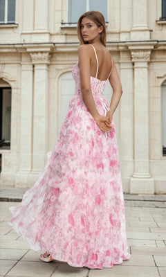 Ruffled Pink Floral-Print Corset Prom Dress with Slit– PromGirl