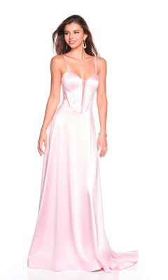 A woman wears the Dave and Johnny 12534 long prom dress, featuring light pink satin, thin straps, and a fitted corset bodice, standing against a white background.