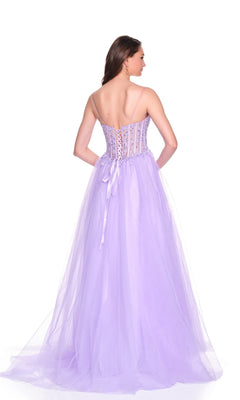 A woman stands facing away, wearing the Dave and Johnny 12581 long strapless prom dress with an embellished bodice and full tulle A-line skirt against a white background.