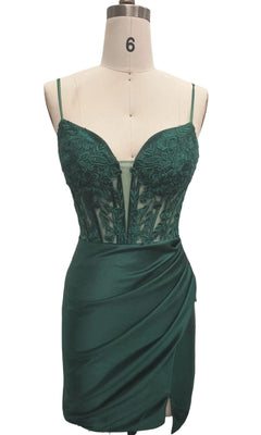 The Dave & Johnny 12583 short homecoming dress in emerald green features thin straps, a floral lace embroidered bodice, and a draped satin skirt with a slit, displayed on a mannequin.