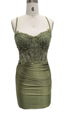 The Sage Green Short Hoco Dress 12584 features a sleeveless embroidered sweetheart bodice, spaghetti straps, and a fitted satin mini skirt—an ideal chic green party dress displayed on a dress form.