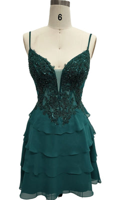 Emerald Green Short Homecoming Dress with Beads– PromGirl