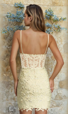 Woman wearing and showing the back of a light yellow lace dress against a stone wall with blue flowers.