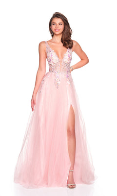 A woman stands against a white background wearing the Dave and Johnny 12591 long prom dress—sleeveless, floor-length, light pink with a plunging neckline, sequin details, a thigh-high slit, and an elegant A-line tulle skirt.