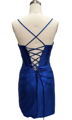 Lace-Up Short Blue Homecoming Dress with Cowl Neck PromGirl Lace-Up Short Blue Homecoming Dress with Cowl Neck PromGirl