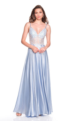 A woman models the Dave and Johnny 12631 long prom dress—light blue, sleeveless, with a fitted embroidered corset bodice, thin straps, and an elegant A-line satin skirt—posed against a white background.