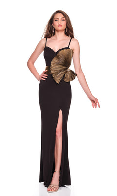 Woman wearing the Dave and Johnny 12666 long prom dress—sleeveless, black, with a high slit and gold applique at the waist—paired with hoop earrings and open-toe heels.