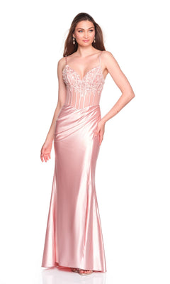 A woman stands on a plain background wearing the Long Prom Dress: Dave and Johnny 12669, a light pink satin gown with spaghetti straps, floral embroidered fitted bodice, and flared skirt, showcasing its elegant prom style.