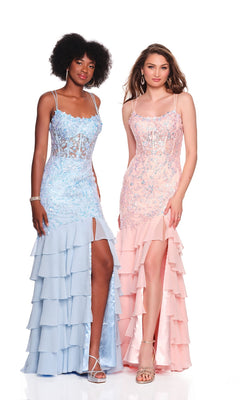 Two women stand side by side in pastel long prom dresses—one in light blue chiffon and one in pale pink—both with lace details, thigh-high slits, and ruffles, inspired by the stylish Dave and Johnny 12671 design.