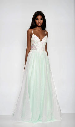 A woman stands against a plain white background wearing the Dave and Johnny 12687 long prom dress, featuring a light green color, embroidered bodice, thin straps, and a flowing tulle A-line skirt.
