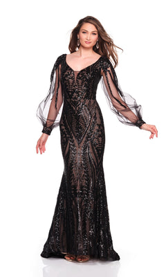 A woman in the Dave and Johnny 12697 black prom dress, featuring modest sheer voluminous sleeves and intricate sequin details, stands against a white backdrop. This elegant long prom dress showcases timeless sophistication.