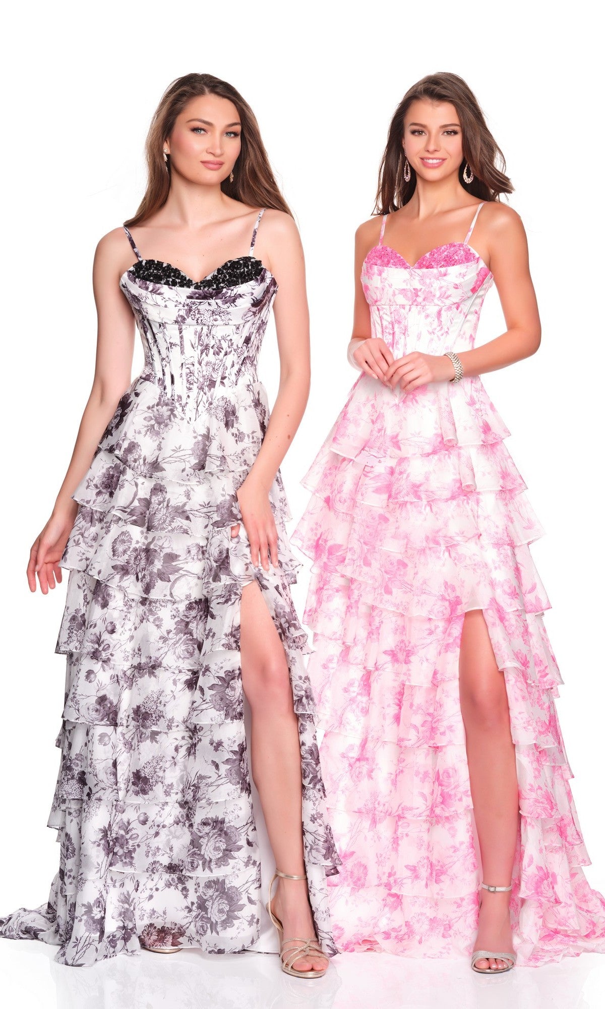 Long Floral-Print Prom Dress with Ruffled Skirt Black Print / 2 Long Floral-Print Prom Dress with Ruffled Skirt Black Print / 2