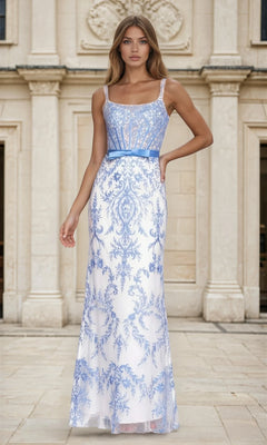 A woman stands outdoors before a classical building, wearing the Blue Embroidered Long White Corset Prom Dress L758 in blue/white, featuring intricate embroidery and a floor-length fitted silhouette.