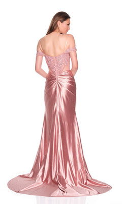 A woman, facing away from the camera against a white background, wears the Dave and Johnny 12761 Long Prom Dress—floor-length, pink satin with an off-the-shoulder lace back and train.