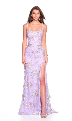 A woman stands facing forward in the Dave and Johnny 12784 long prom dress—purple with floral embellishments and a high slit—paired with silver heels.