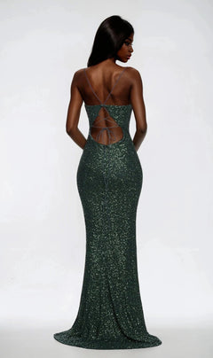 Green sparkly evening gown with open back on a white background