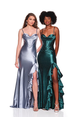 Two women stand side by side in long evening gowns with ruffle details and thigh-high slits; one wears the Lace-Up Long Satin Prom Dress: Dave & Johnny 12799 in smoke blue, while the other stuns in green.