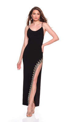 A woman models the Dave and Johnny 12819 long prom dress—a sleeveless black jersey gown with a high-leg slit and gold embroidery—posing against a plain white background.