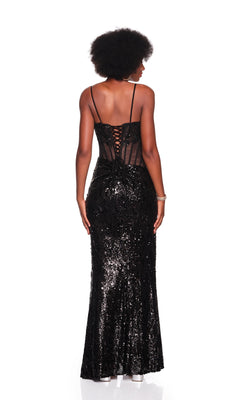 A woman stands with her back to the camera in the Dave and Johnny 12855 Long Prom Dress, a fitted black sequin gown with a corset bodice, lace-up back, and thin straps, set against a white background.