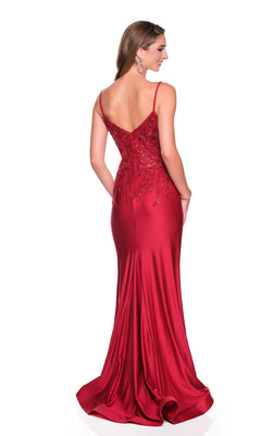 Woman wearing the Dave and Johnny 12881 long prom dress with a sequin-embellished bodice and thin straps, standing with her back to the camera against a white background.
