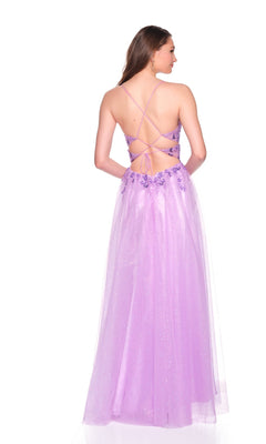 A woman stands against a white background wearing the Dave and Johnny 12883 long prom dress—a purple glitter tulle A-line gown with a backless design, crisscross straps, and an embroidered corset bodice featuring floral details.