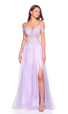 A woman stands against a white background wearing the Dave and Johnny 12933 long prom dress—purple, off-the-shoulder with an embroidered corset bodice, floral embellishments, and a thigh-high slit.