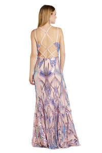 A woman stands facing away in the Morgan 12998 Art-Deco Sequin Prom Dress, a floor-length, sleeveless pink gown with purple and blue art deco patterns and a strappy open back.