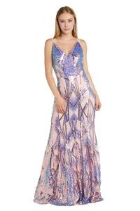 A woman models the Art-Deco Sequin Prom Dress: Morgan 12998—a floor-length, sleeveless sequin gown with a V-neck and purple, blue, and pink geometric patterns—against a white background.
