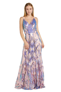A woman models the Art-Deco Sequin Prom Dress: Morgan 12998—a floor-length, sleeveless sequin gown with a V-neck and purple, blue, and pink geometric patterns—against a white background.
