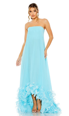 Woman models the Mac Duggal 13001 Strapless Trapeze Formal Gown in light blue, featuring feather-trimmed hem—an elegant choice for prom or evening events, set against a white background.